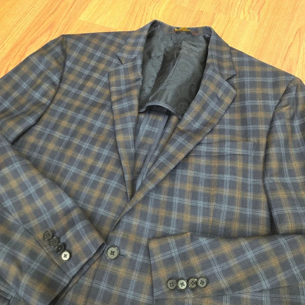 Robert Talbott Sport Coat 44T Blue Brown Plaid Carmel Unstructured Blazer 2002